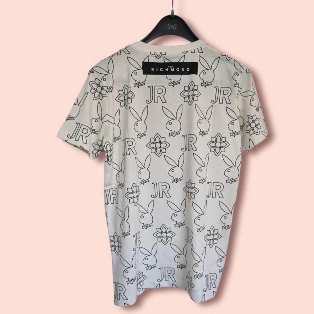 Playboy x John Richmond cream/black logo/spellout t shirt. Size large uk 14 - Picture 2 of 4